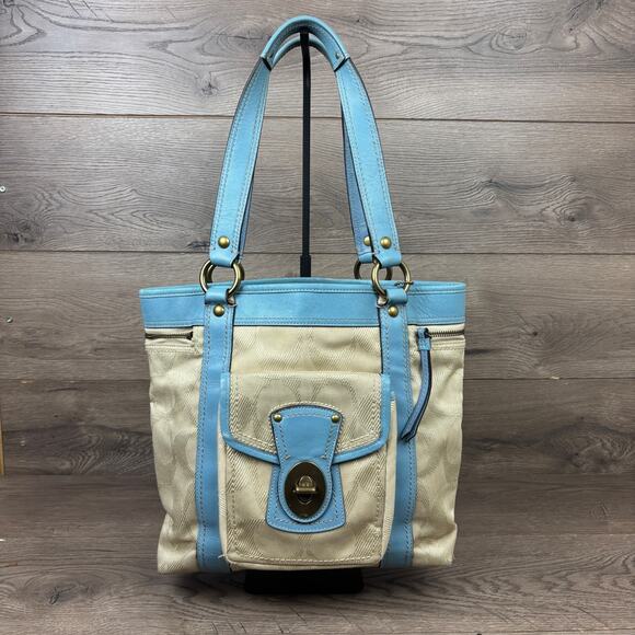 Coach Work Tote Bag K0893-F13103 Khaki Blue Leather Trim Turnlock Front Pocket - Picture 1 of 15